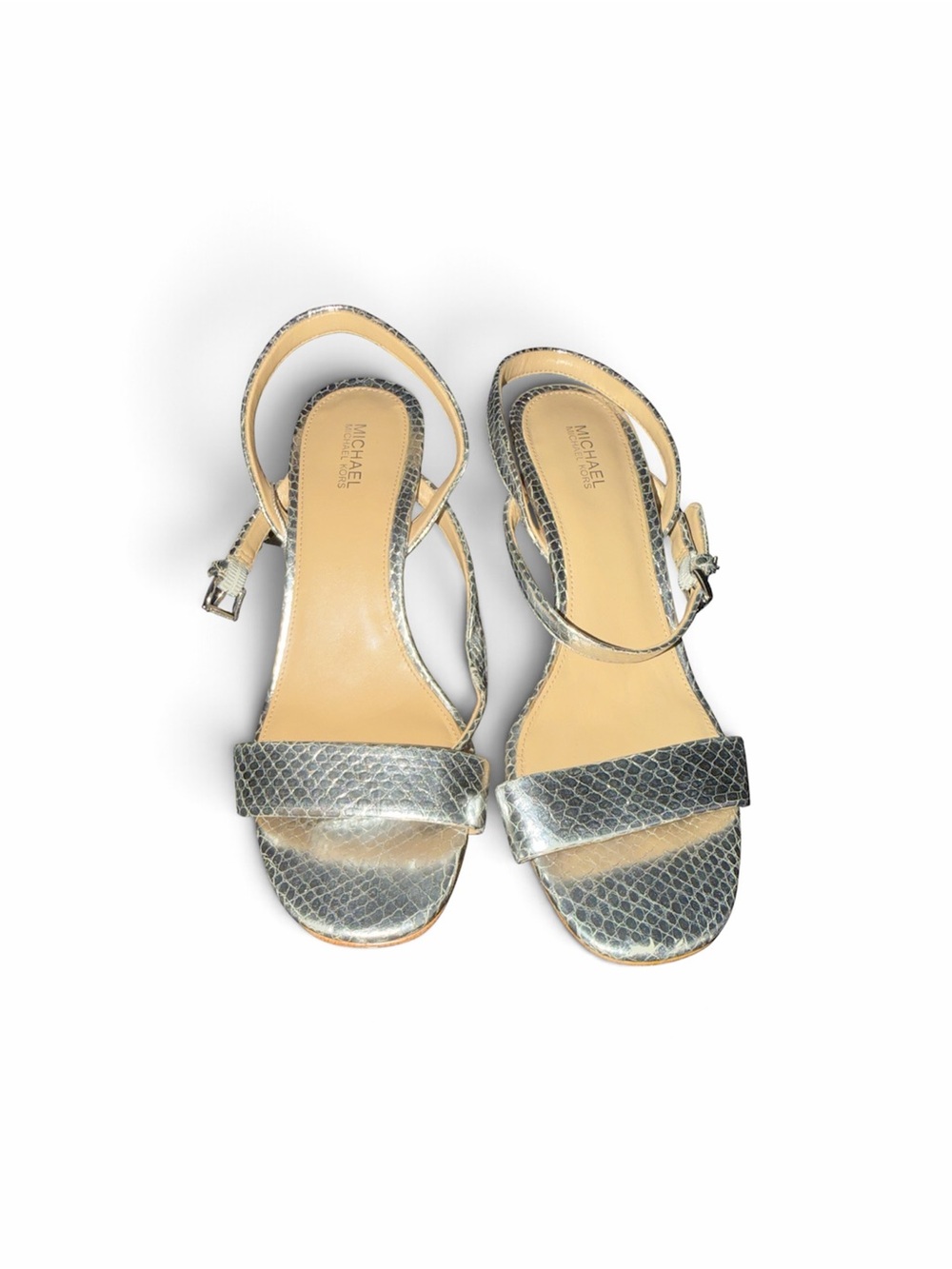 Michael Kors Metallic Silver Snake-Effect Ankle Strap Sandals